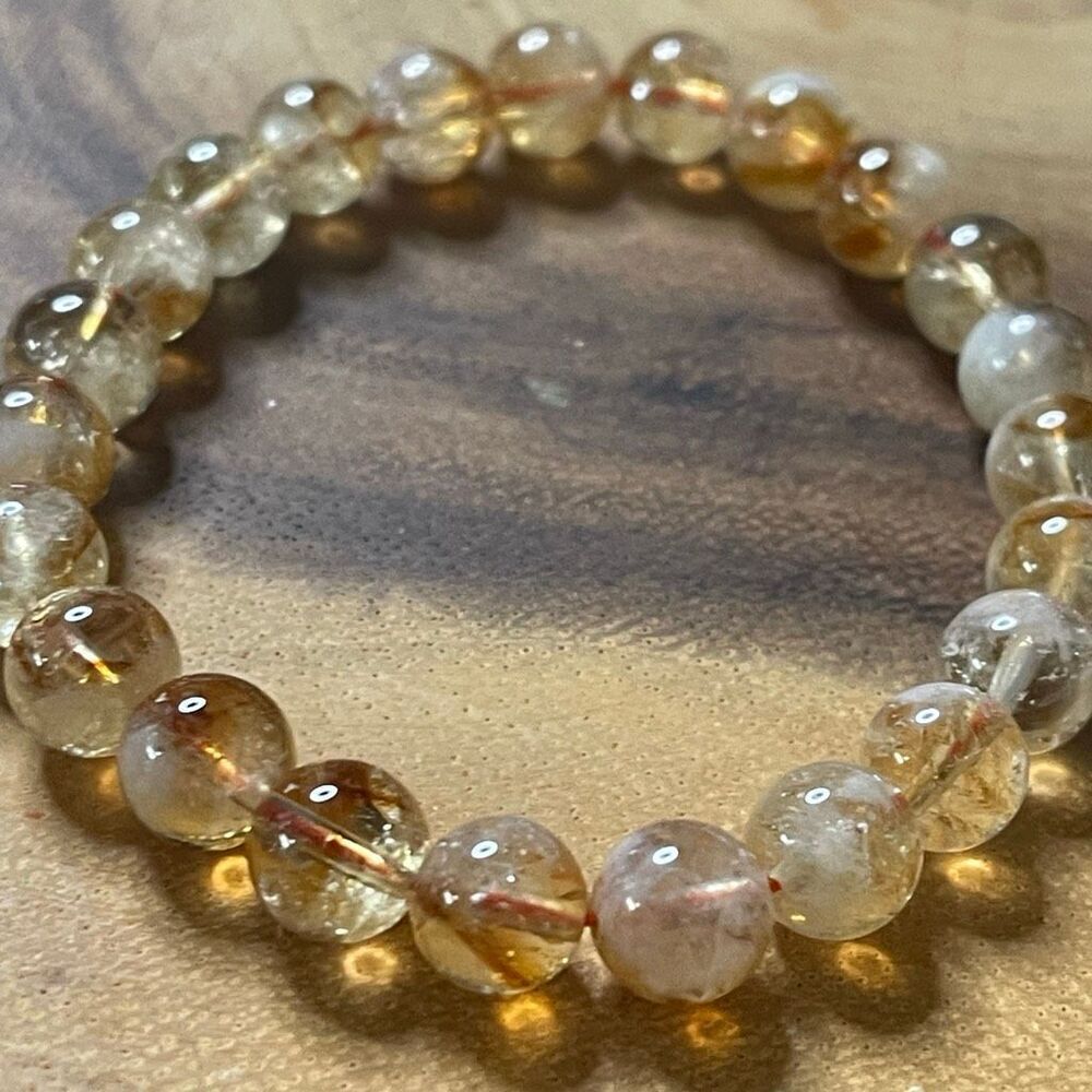 Citrine beaded beads stretch bracelet 8mm yellow clear crystal healing 7” new ha
